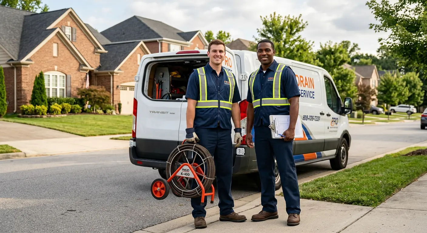 Sewer and drain service team with equipment ready for work in Canton