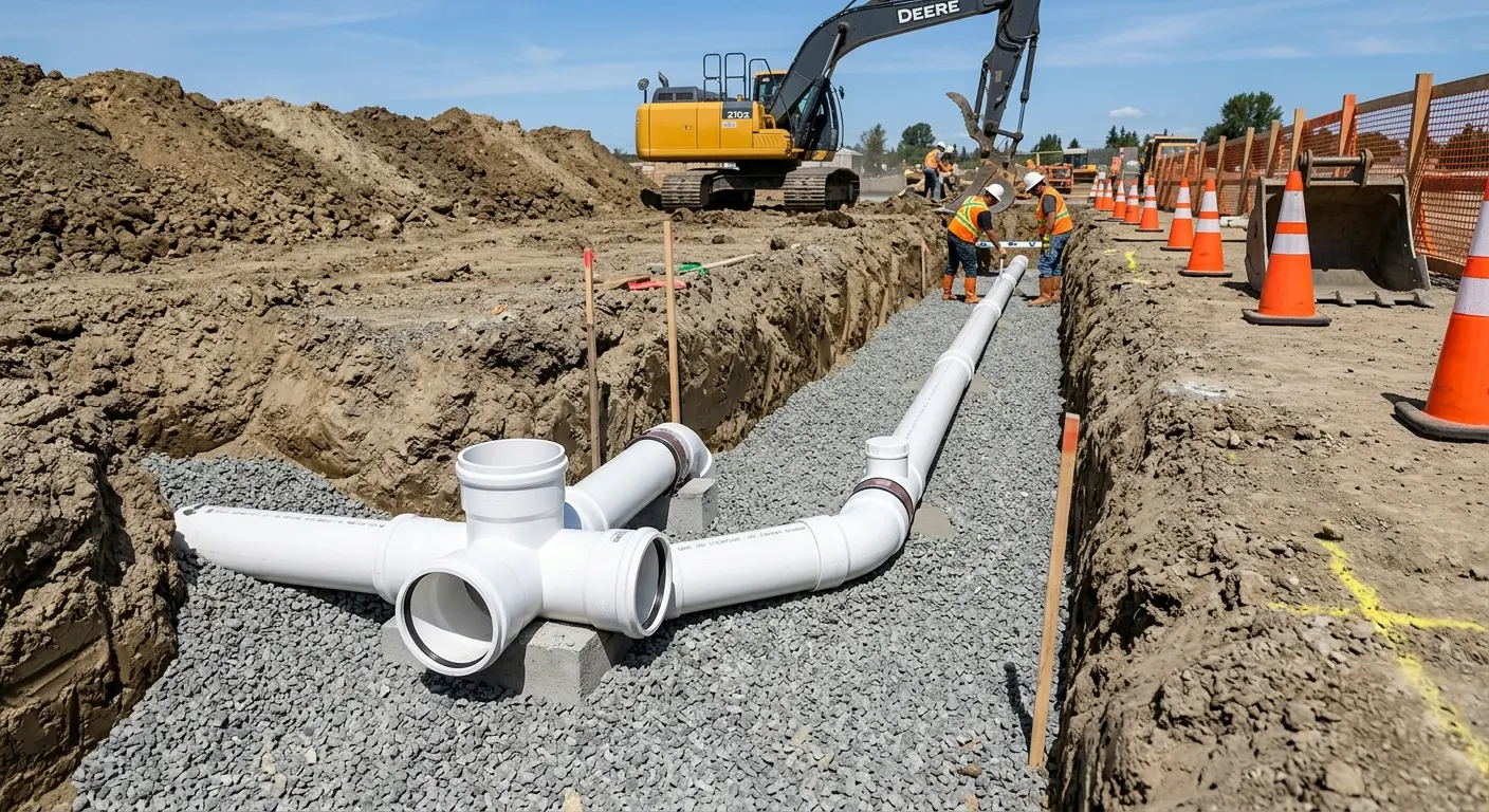 New PVC sewer pipe installation in open trench for Sewer Backup in Canton